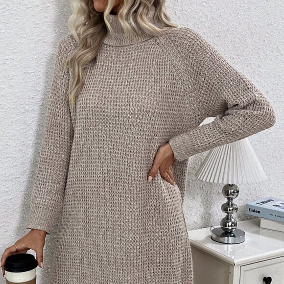 Khaki Casual Women's Solid Color Turtle Neck Raglan Sleeve Sweater Dress - Picture 4 of 5